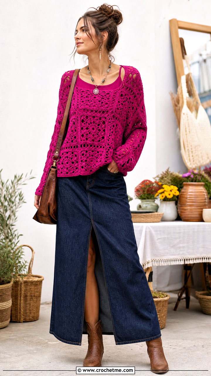 Openwork Granny Square Pullover With Denim Maxi Skirt - 35 granny square pullover outfit ideas