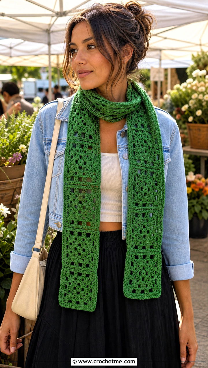 Openwork Granny Square Scarf With Denim Jacket And Maxi Skirt - 15 Lacy Green Crochet Scarf outfit ideas