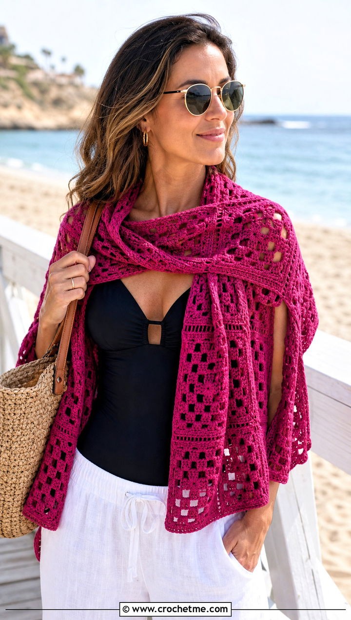 Openwork Granny Square Scarf With Swimsuit And Linen Pants - 30 crochet scarf squares outfit ideas