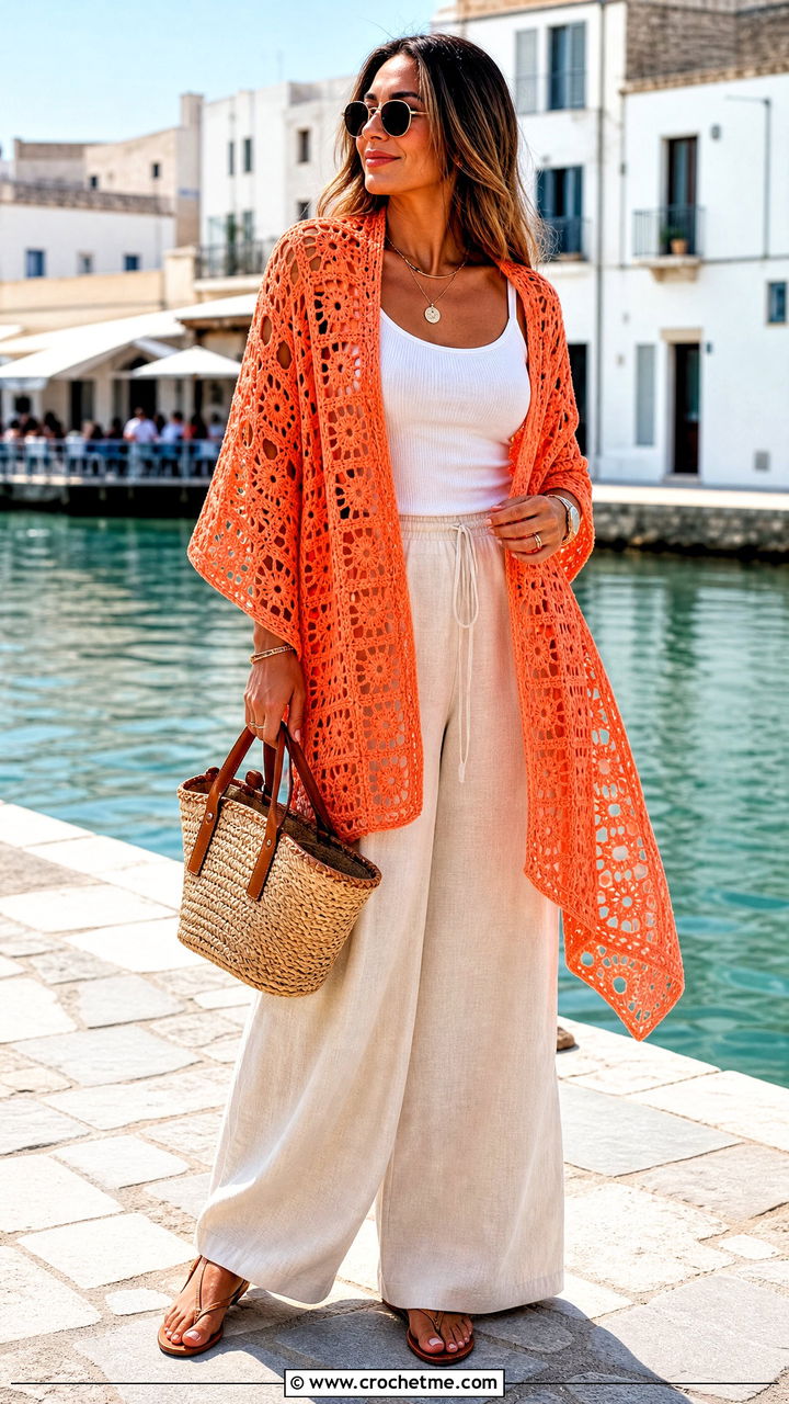 Openwork Granny Square Scarf With Tank Top And Palazzo Pants - 35 granny square scarf outfit ideas