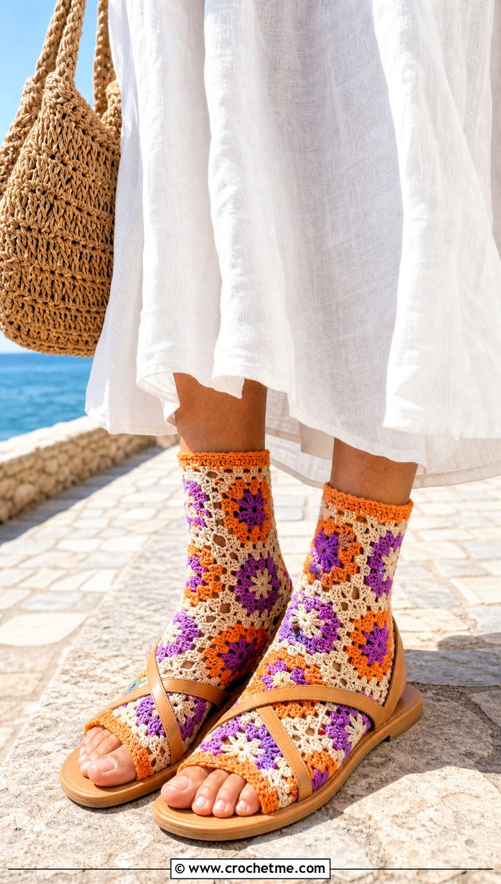 Openwork Granny Square Socks With A Linen Dress And Sandals - 35 crochet granny square socks outfit ideas