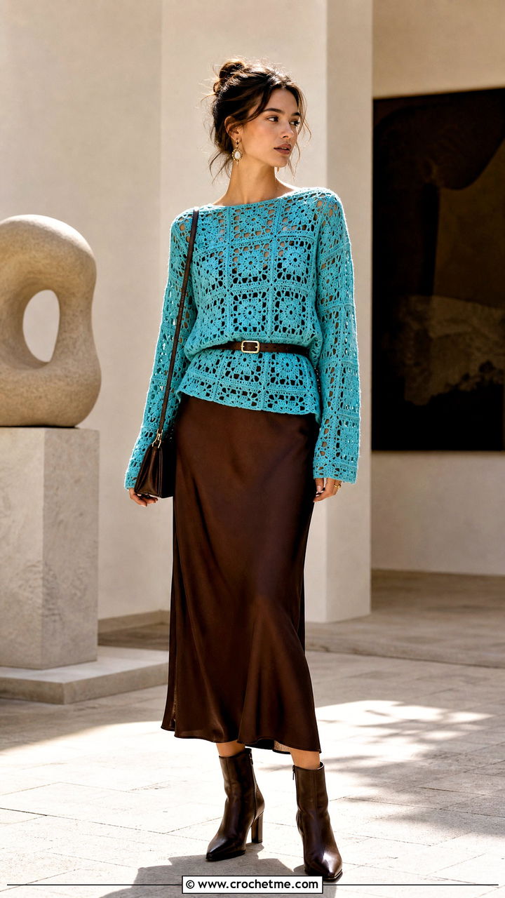 Openwork Granny Square Sweater Over A Slip Dress - 35 granny square sweater outfit ideas