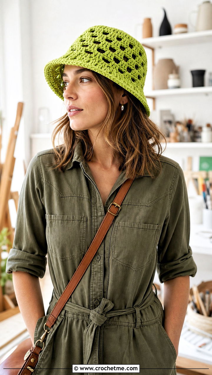 Openwork Granny Stitch Bucket Hat With Utility Jumpsuit And Clogs - 30 crochet granny stitch bucket hat outfit ideas