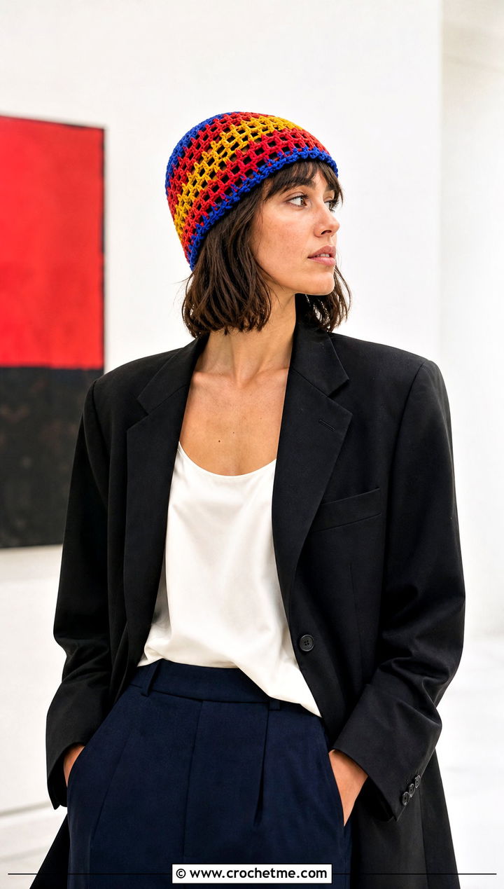 Openwork Half Double Crochet Beanie With Blazer And Satin Top - 30 Half Double Crochet Hat outfit ideas