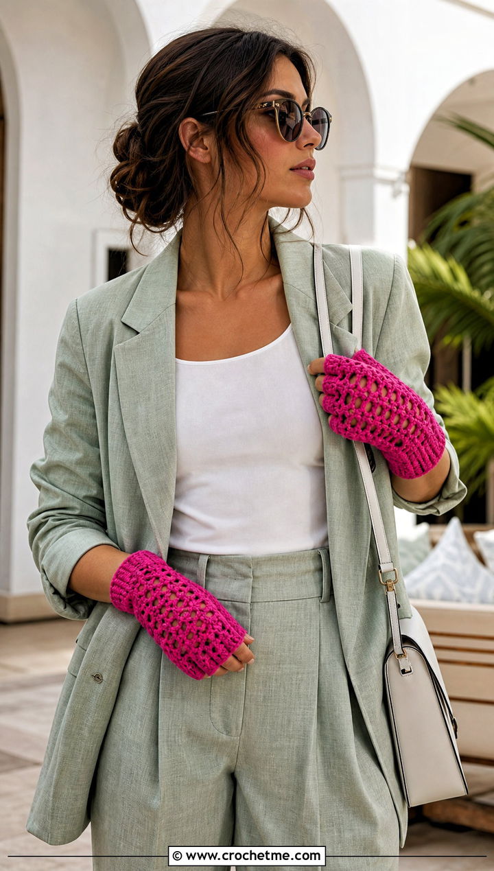 Openwork Half Finger Gloves With Linen Suit - 30 crochet half finger gloves outfit ideas