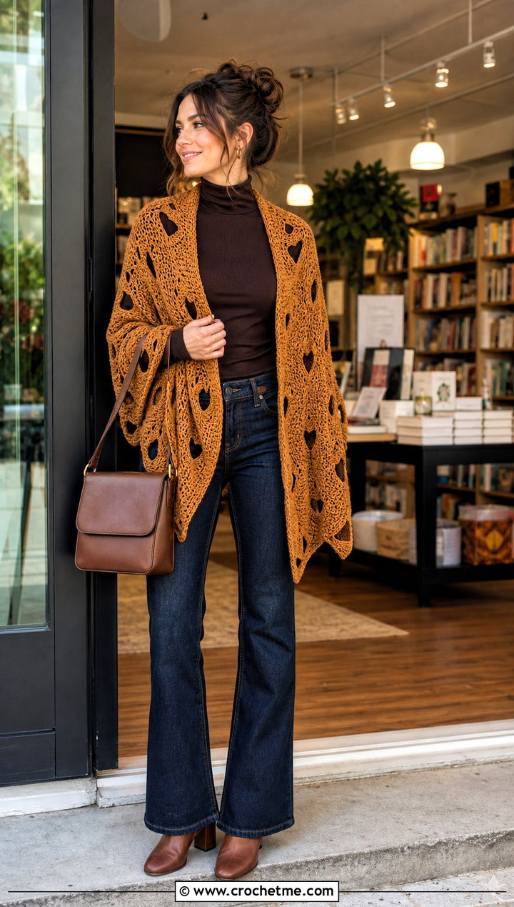 Openwork Heart Crochet Shawl With Turtleneck And Jeans - 25 Heart Crochet Shawl outfit ideas