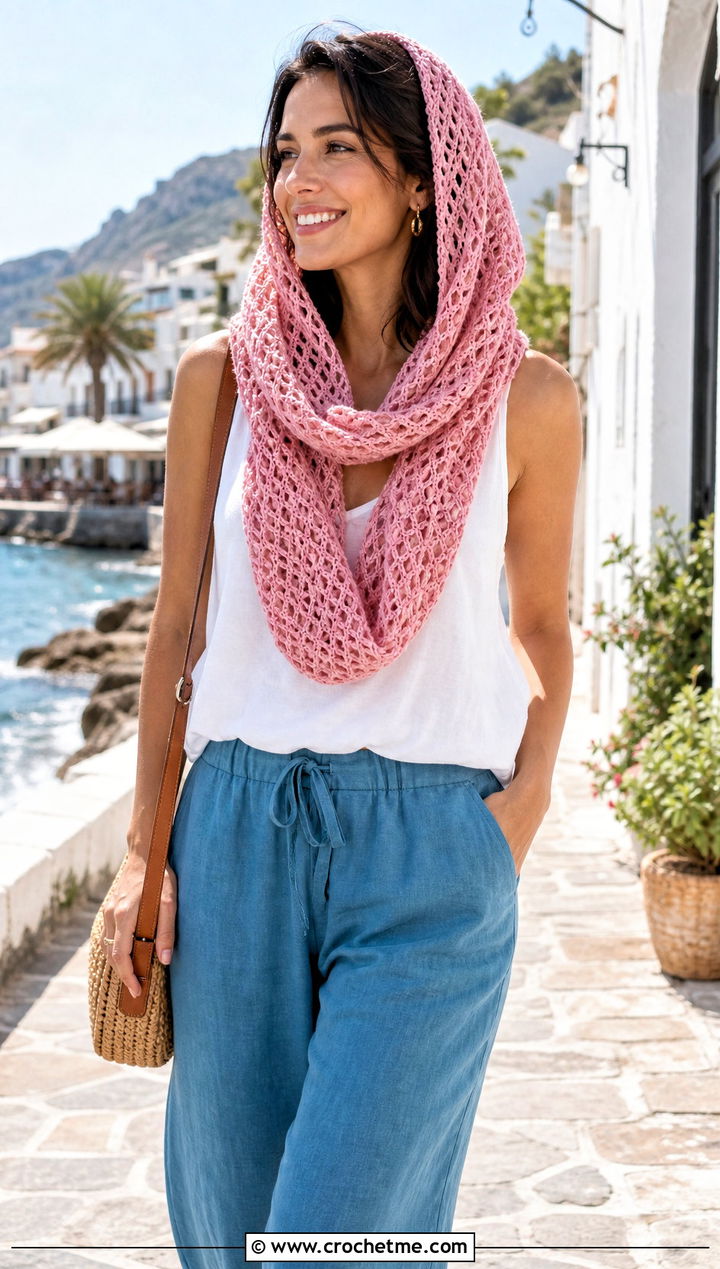 Openwork Hooded Crochet Snood Scarf With Linen Pants - 25 snood crochet scarf outfit ideas