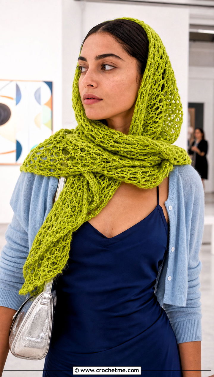 Openwork Hooded Scarf With Slip Dress And Cardigan - 25 Crochet Hoodie Scarf outfit ideas