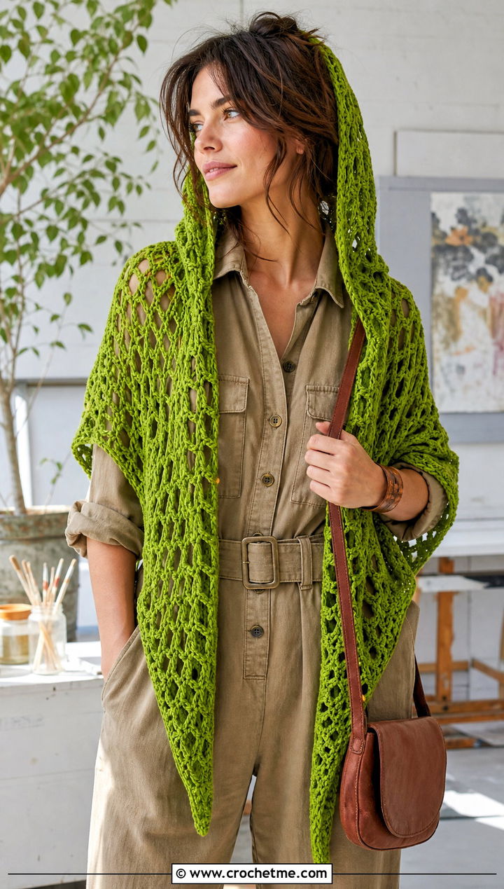 Openwork Hooded Triangle Crochet Shawl With Utility Jumpsuit - 25 Hooded Triangle Crochet Shawl outfit ideas