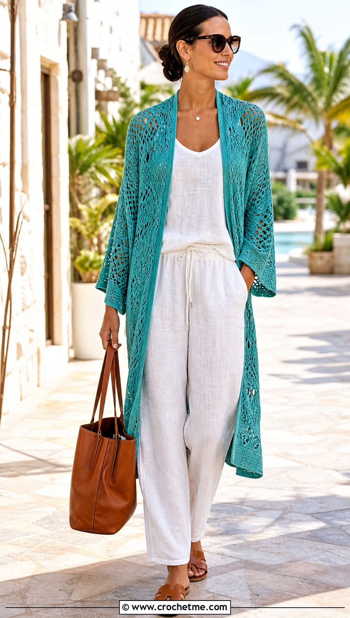 Openwork Kimono Cardigan With Linen Set - 25 kimono crochet cardigan outfit ideas