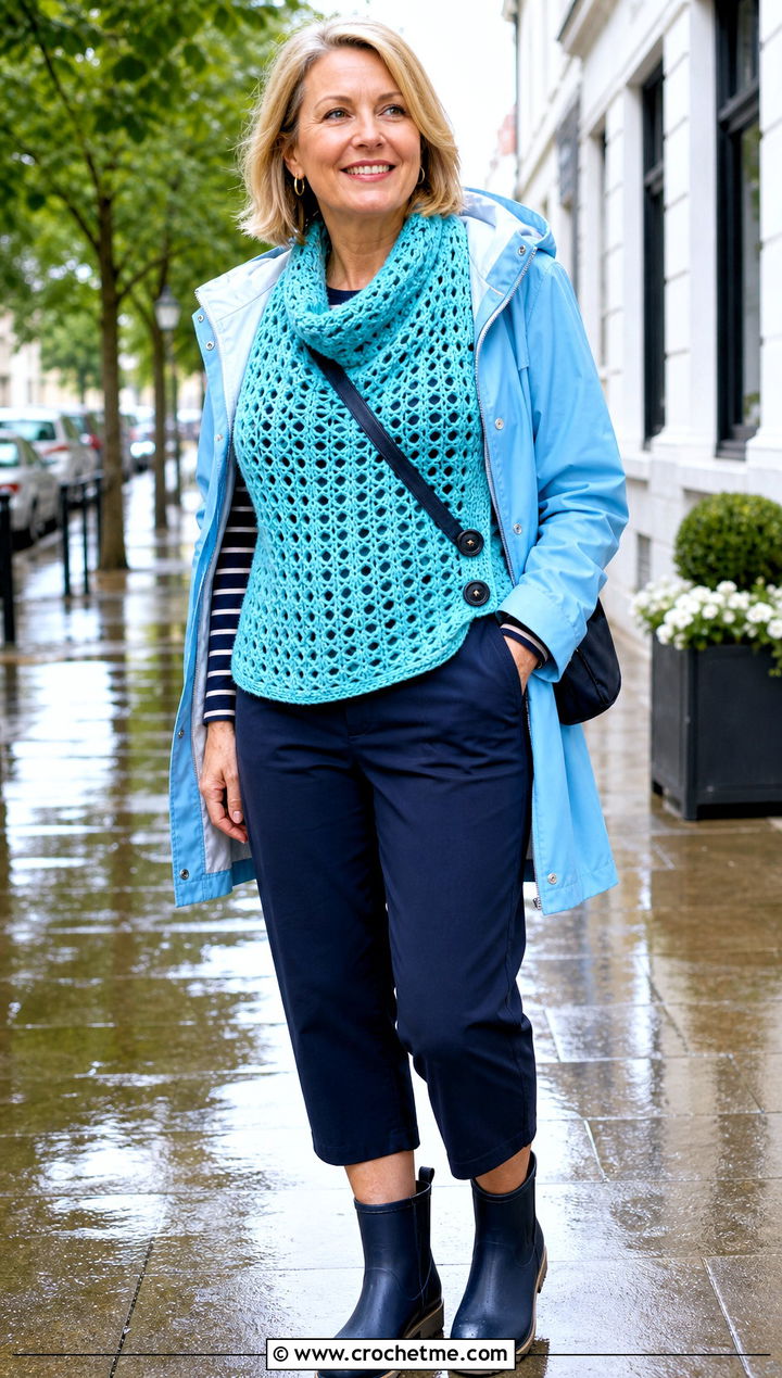 Openwork Lace Button Cowl With Raincoat - 25 crochet button cowl outfit ideas