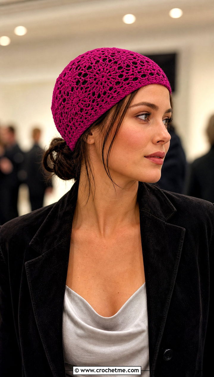 Openwork Lace Crochet Beanie With Slip Dress - 35 basic crochet beanie outfit ideas