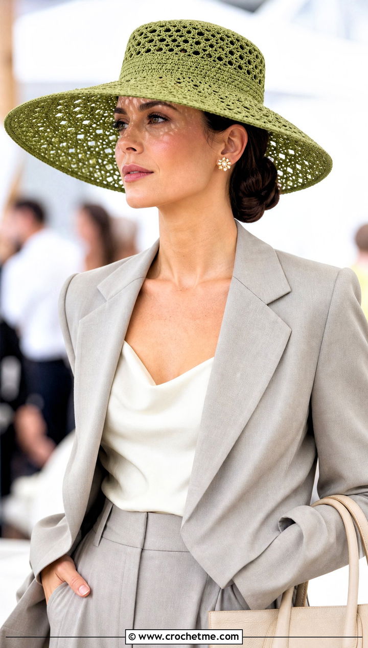 Openwork Lace Crochet Derby Hat With Pantsuit - 25 Crochet Derby Hat outfit ideas