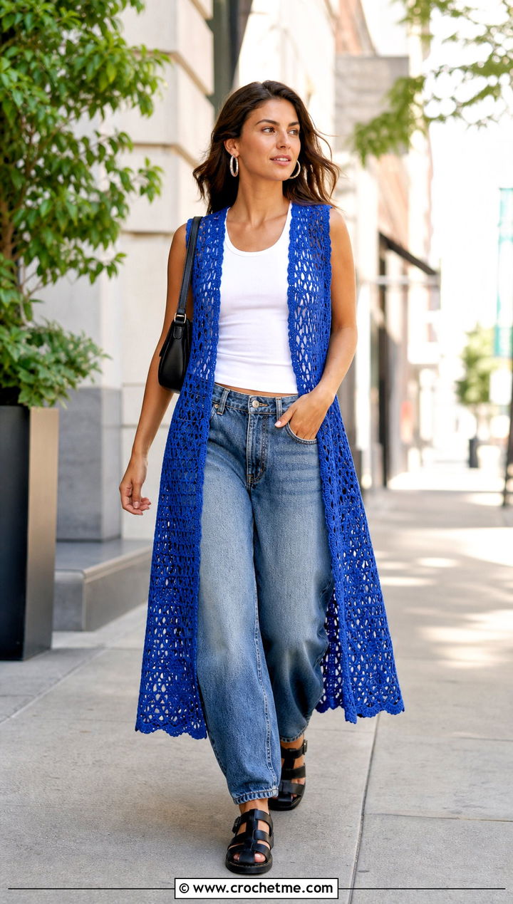 Openwork Lace Crochet Duster Vest With Barrel Jeans - 20 crochet duster vest outfit ideas