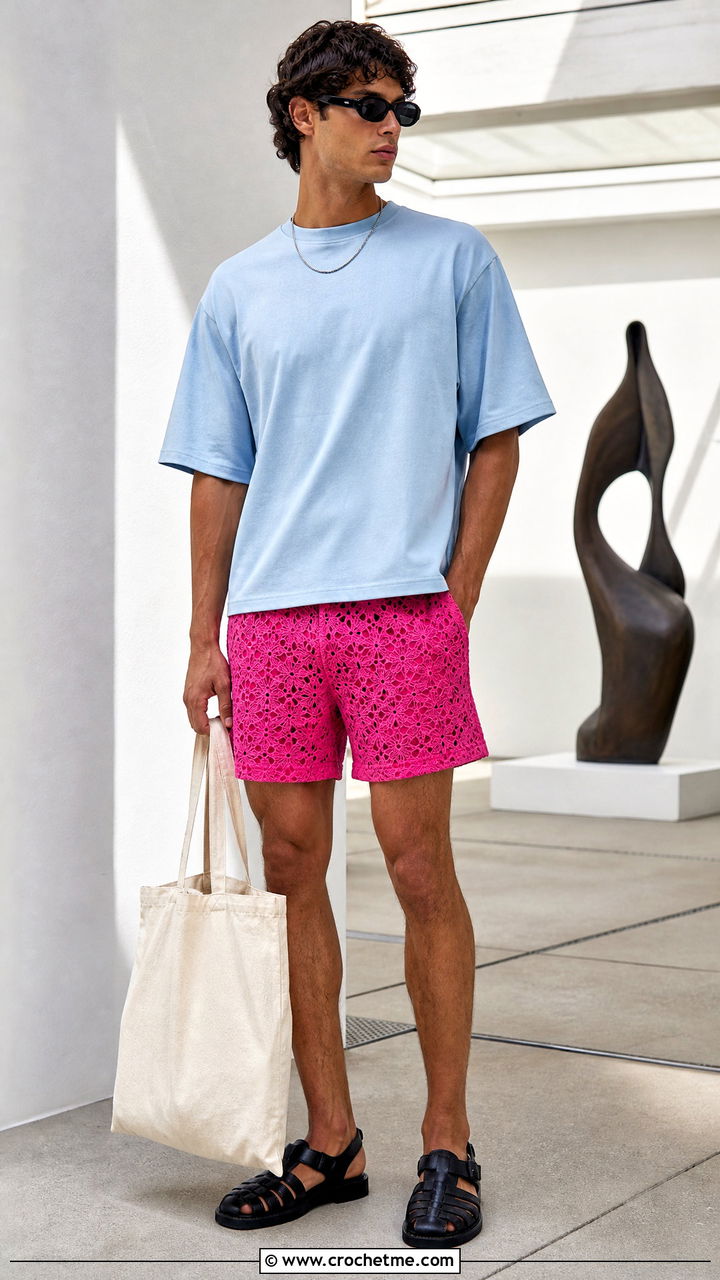 Openwork Lace Crochet Mens Shorts With Boxy T Shirt - 35 Crochet Mens Shorts outfit ideas