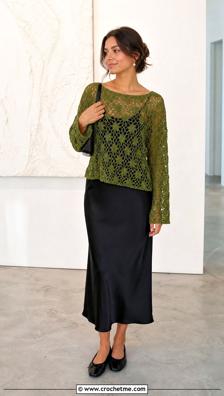 Openwork Lace Crochet Sweater With Slip Dress - 30 crochet women sweater outfit ideas