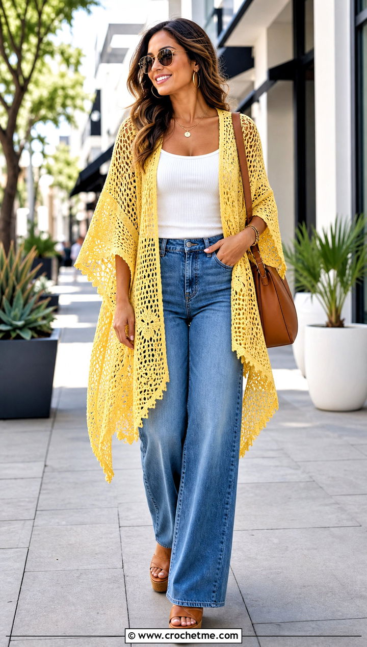 Openwork Lace Crocheted Ruana With Wide Leg Jeans - 20 Crocheted Ruana outfit ideas