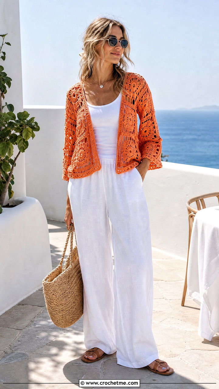Openwork Lace Granny Square Jumper With Linen Pants - 35 crochet granny square jumper outfit ideas
