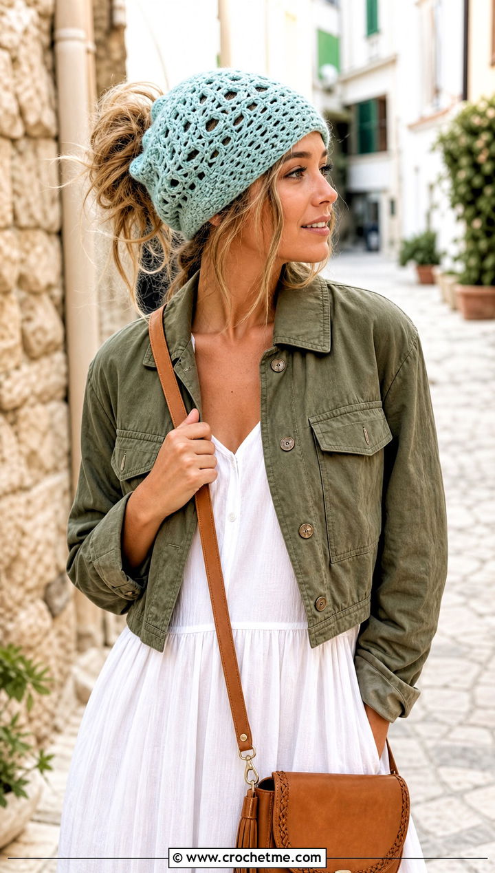 Openwork Lace Messy Bun Crochet Hat With Utility Jacket - 25 Messy Bun Crochet Hat outfit ideas