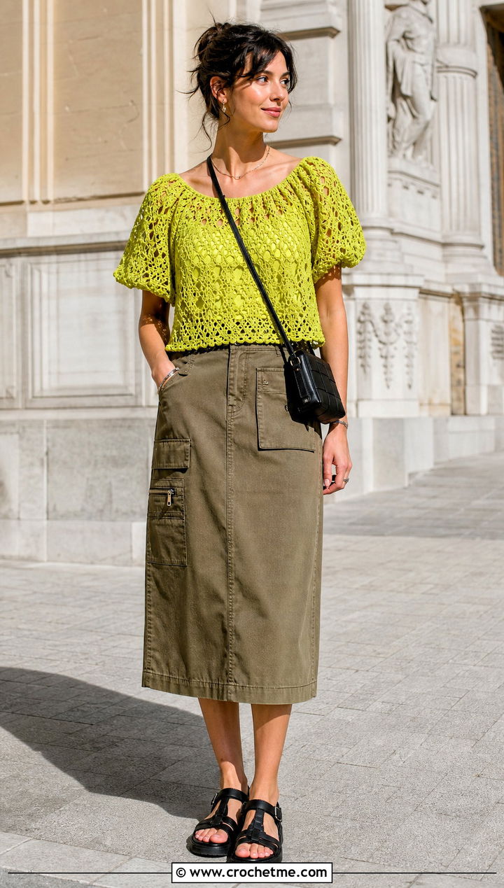 Openwork Lace Milkmaid Crochet Top With Utility Midi Skirt - 25 milkmaid crochet top outfit ideas