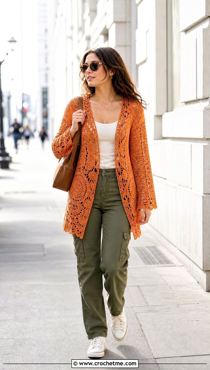 Openwork Lace Victorian Crochet Cardigan With Cargo Pants - 15 Victorian Style Crochet Cardigan outfit ideas
