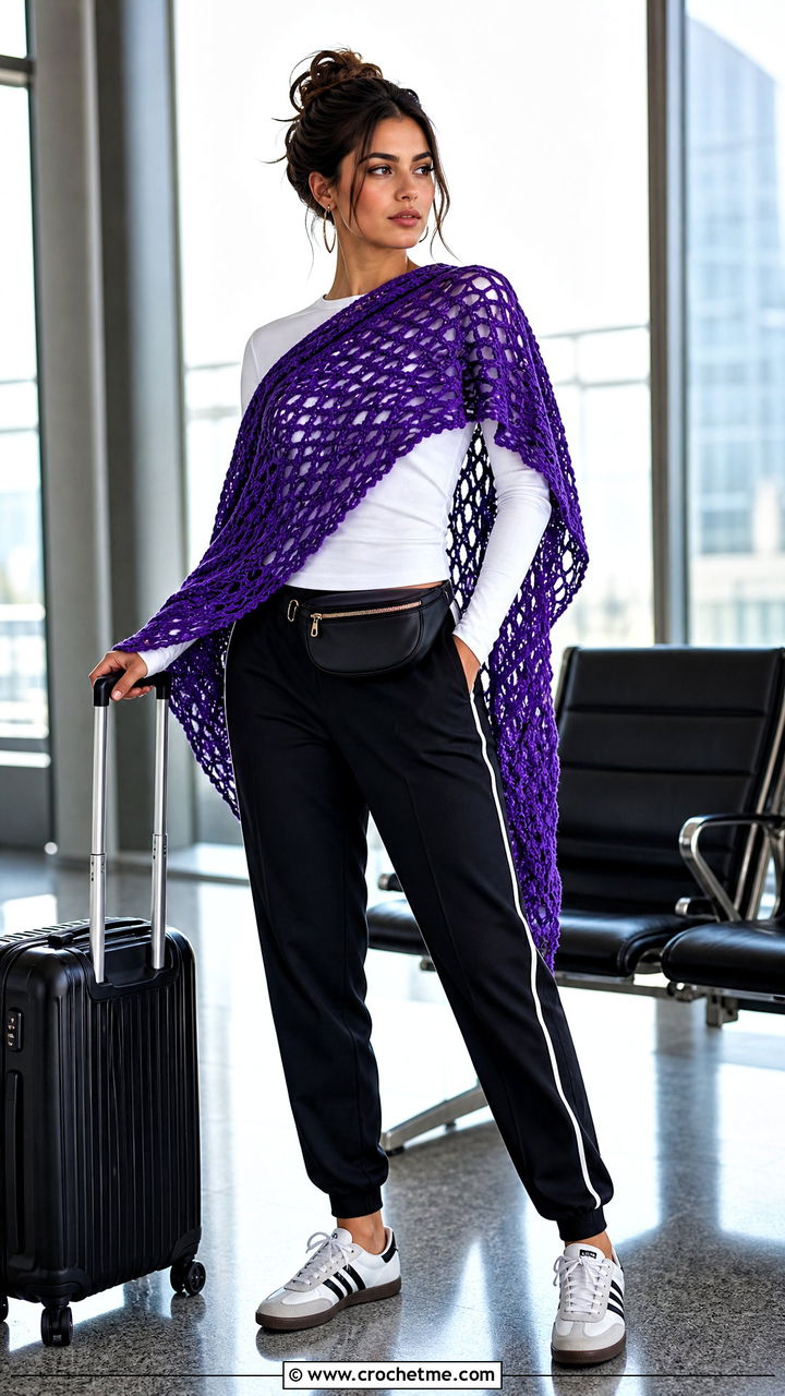 Openwork Lacy Crochet Shawl With Track Pants - 35 lacy crochet shawl outfit ideas