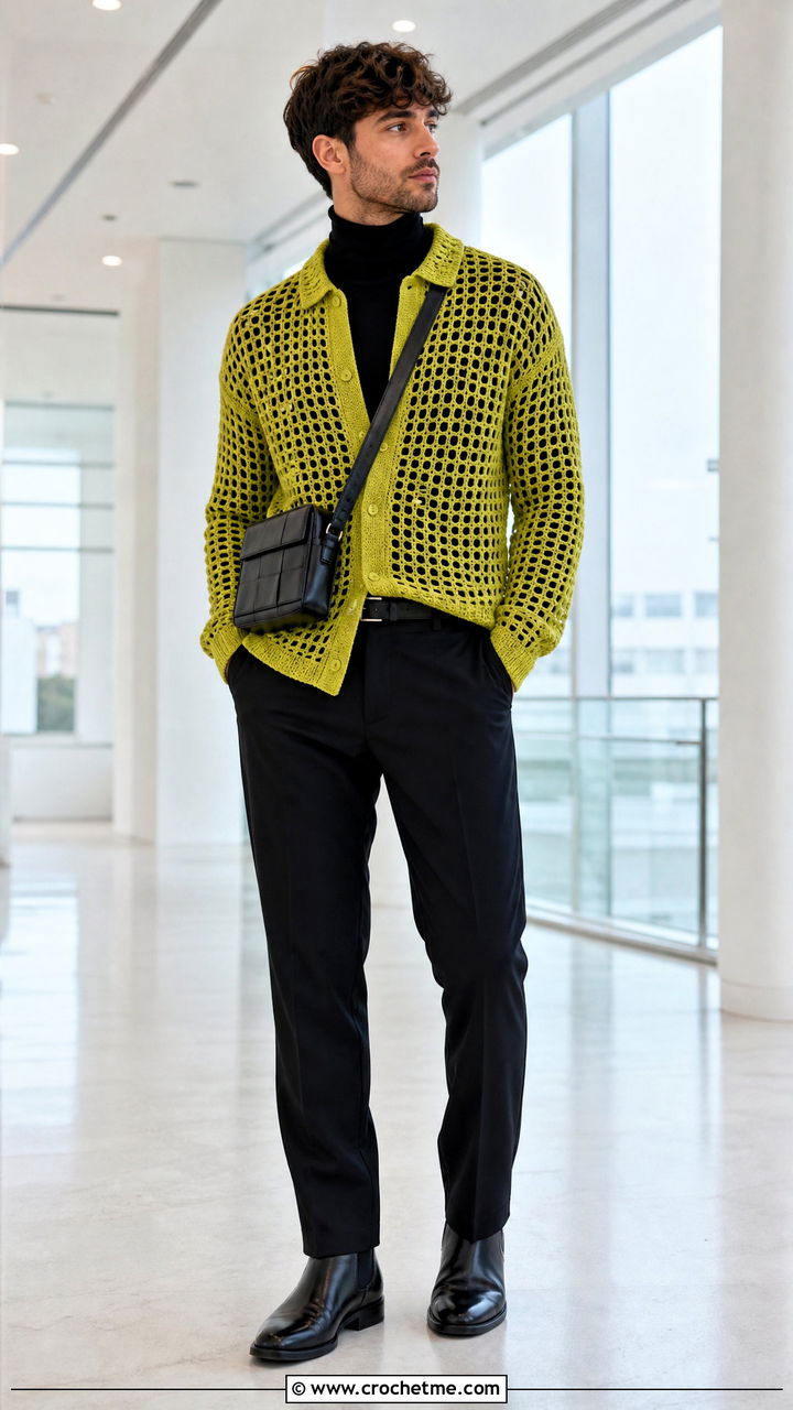 Openwork Long Sleeve Crochet Shirt With A Turtleneck - 35 crochet male shirt outfit ideas