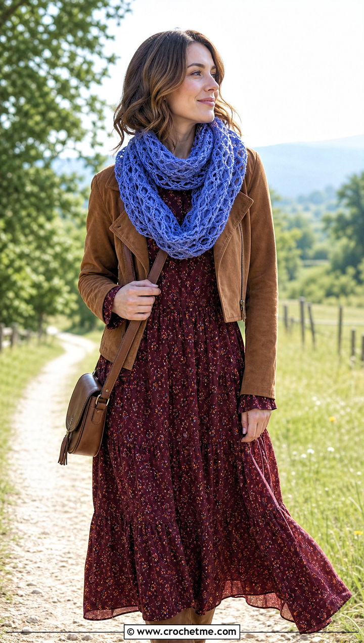 Openwork Loop Infinity Scarf With Prairie Dress - 20 Lacy Crochet Infinity Scarf outfit ideas