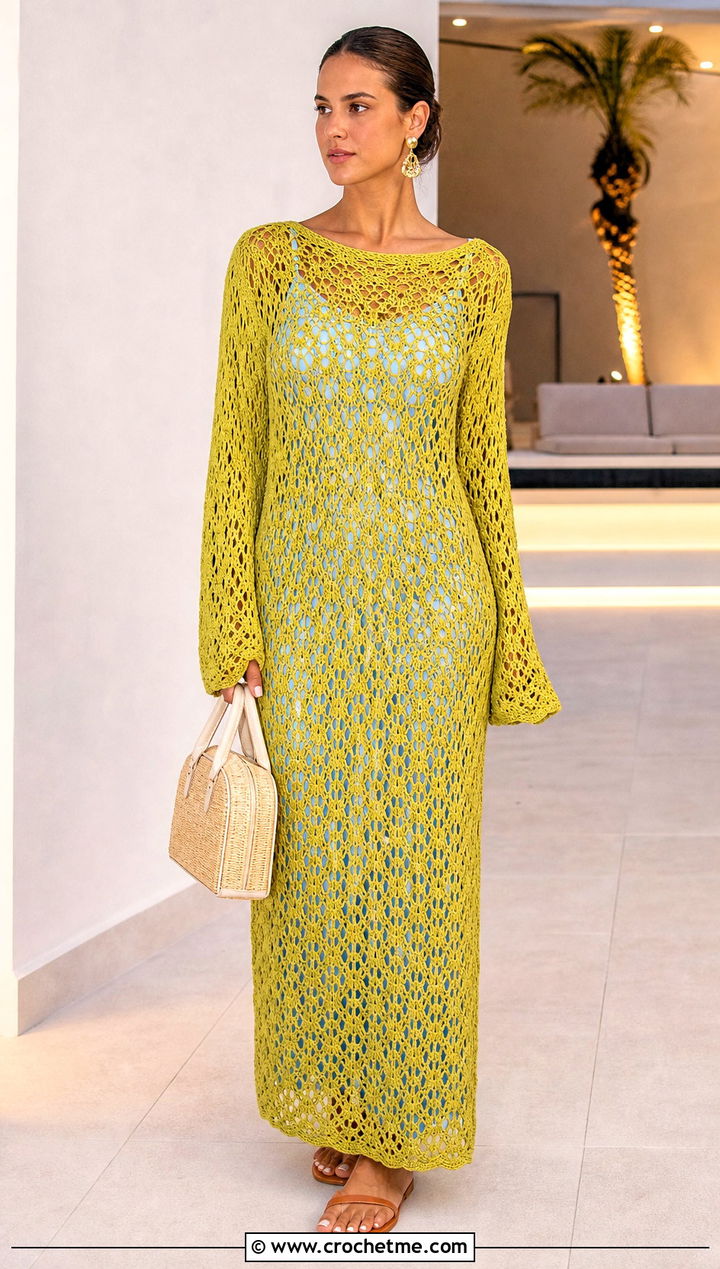 Openwork Maxi Long Sleeve Crochet Sweater Dress With Slip Dress - 25 long sleeve crochet sweater dress outfit ideas