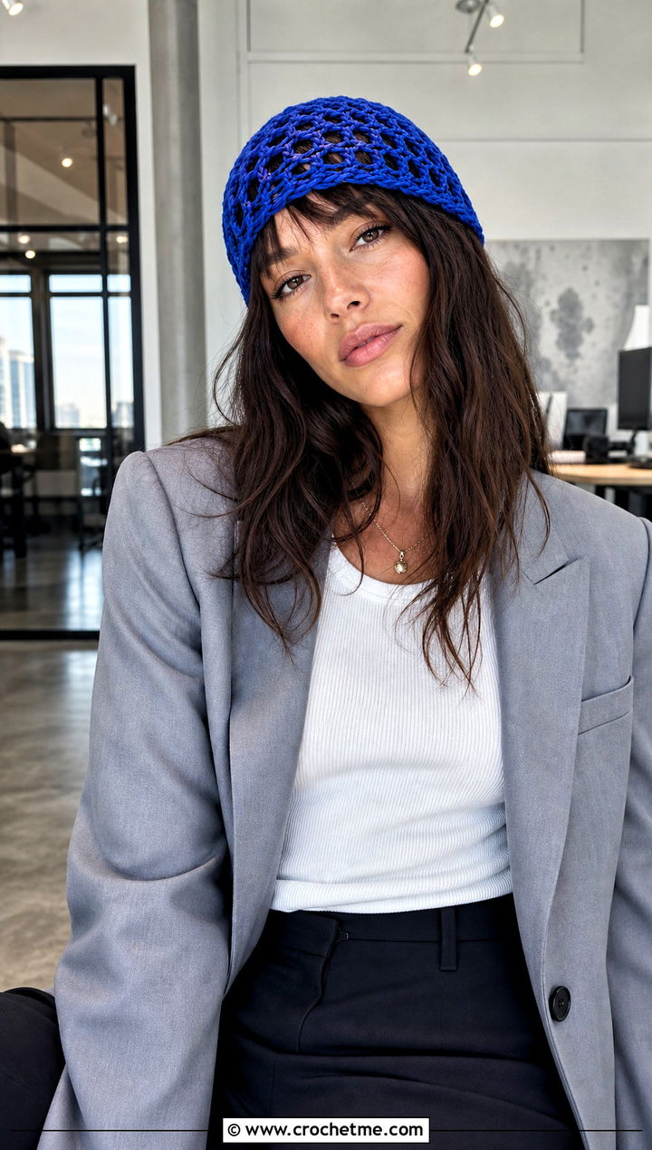 Openwork Mesh Crochet Beanie With Blazer And Capris - 15 Crochet Lightweight Beanie outfit ideas