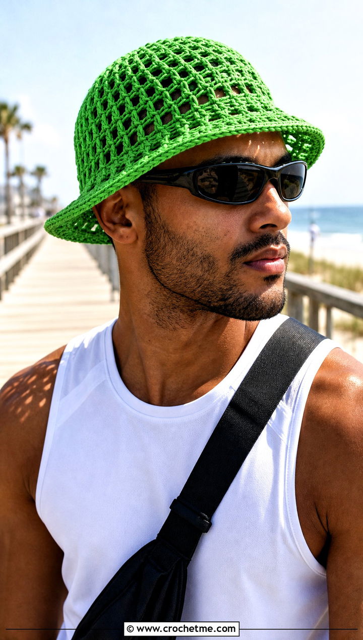 Openwork Mesh Crochet Bucket Hat With Sporty Shorts - 15 mens crochet bucket hat outfit ideas