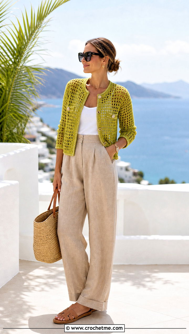 Openwork Mesh Crochet Chanel Jacket With Linen Pants - 30 crochet chanel jacket outfit ideas