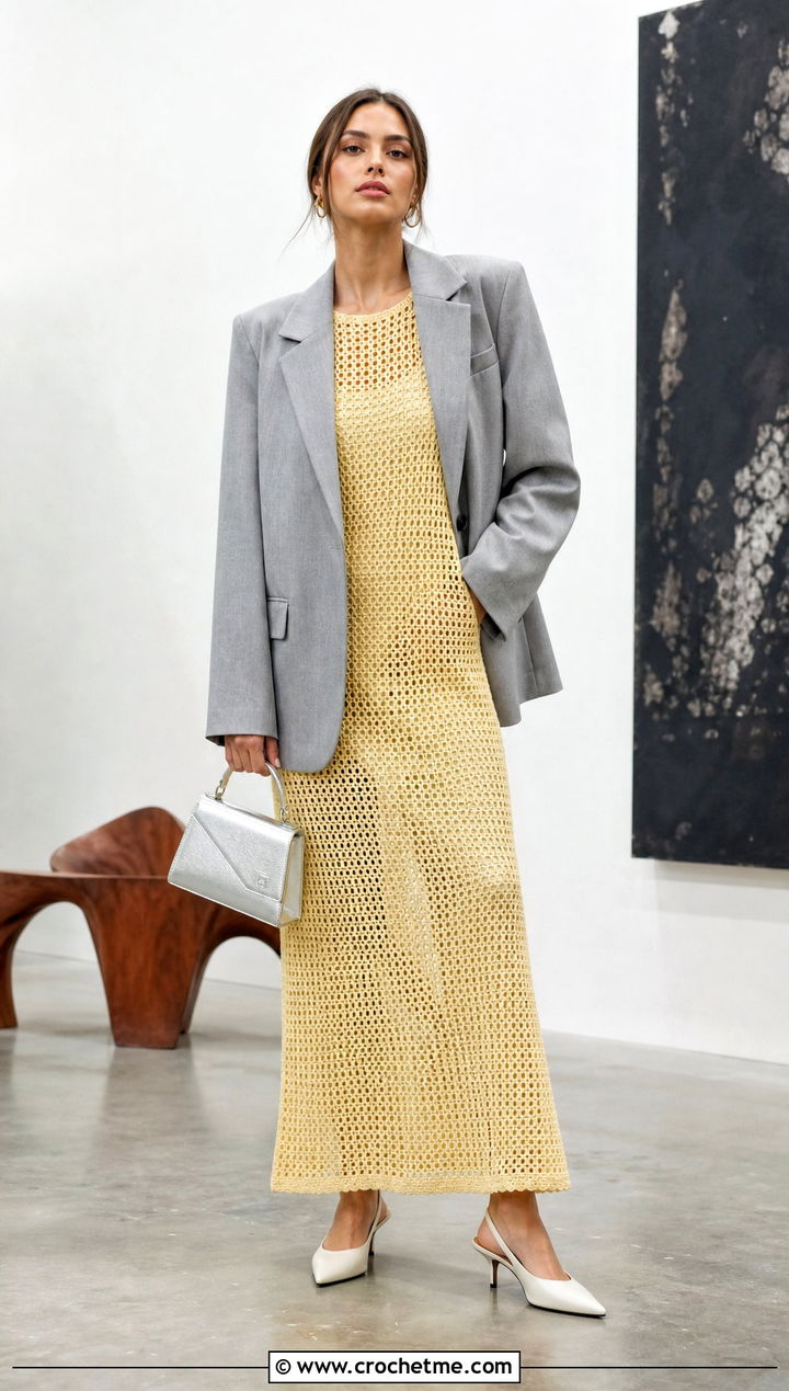Openwork Mesh Crochet Gown Dress With Tailored Blazer - 25 Crochet Gown Dress outfit ideas