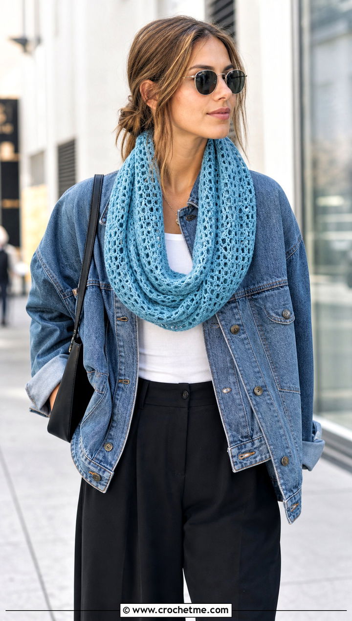 Openwork Mesh Crochet Infinity Scarf With Denim Jacket - 30 crochet infinity scarves outfit ideas
