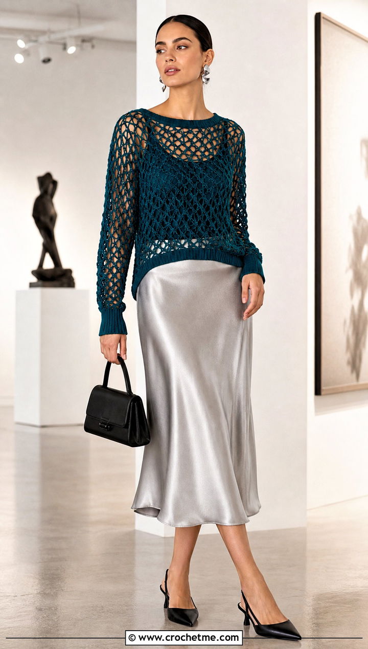 Openwork Mesh Crochet Jumper With Satin Midi Skirt - 25 Cute Crochet Jumper outfit ideas