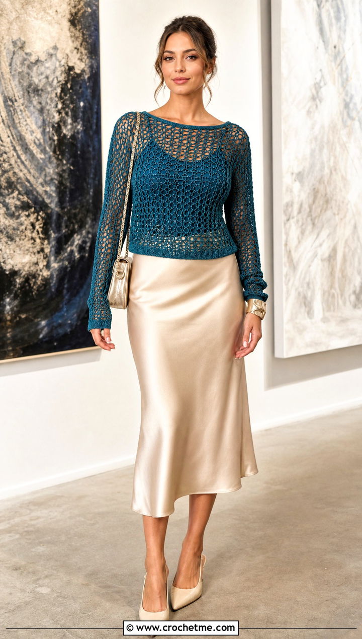 Openwork Mesh Crochet Jumper With Satin Midi Skirt - 30 simple crochet jumper outfit ideas