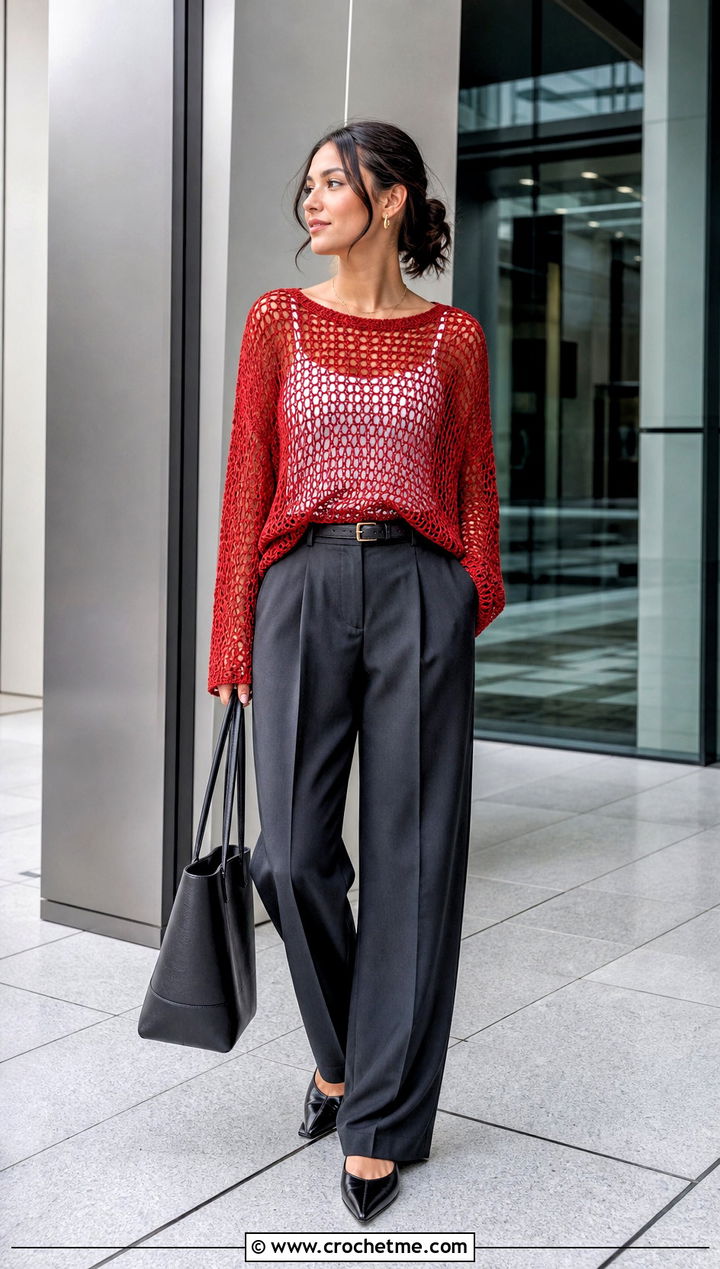 Openwork Mesh Crochet Jumper With Tailored Trousers - 15 Ladies Crochet Jumper outfit ideas