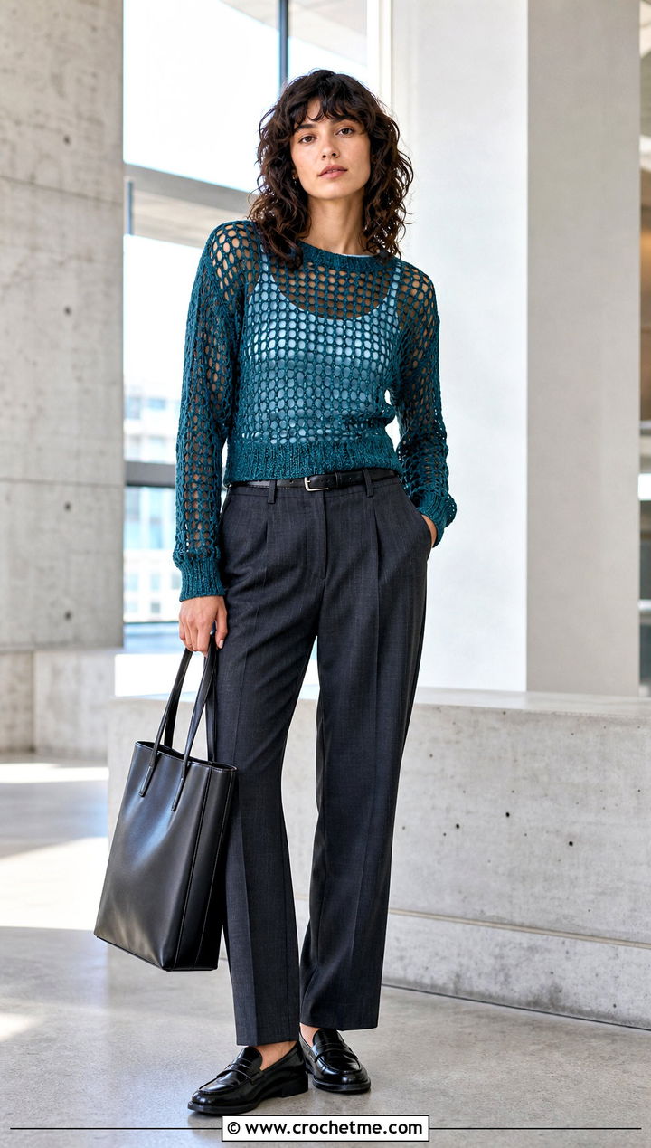 Openwork Mesh Crochet Jumper With Tailored Trousers - 25 crochet jumper for women outfit ideas
