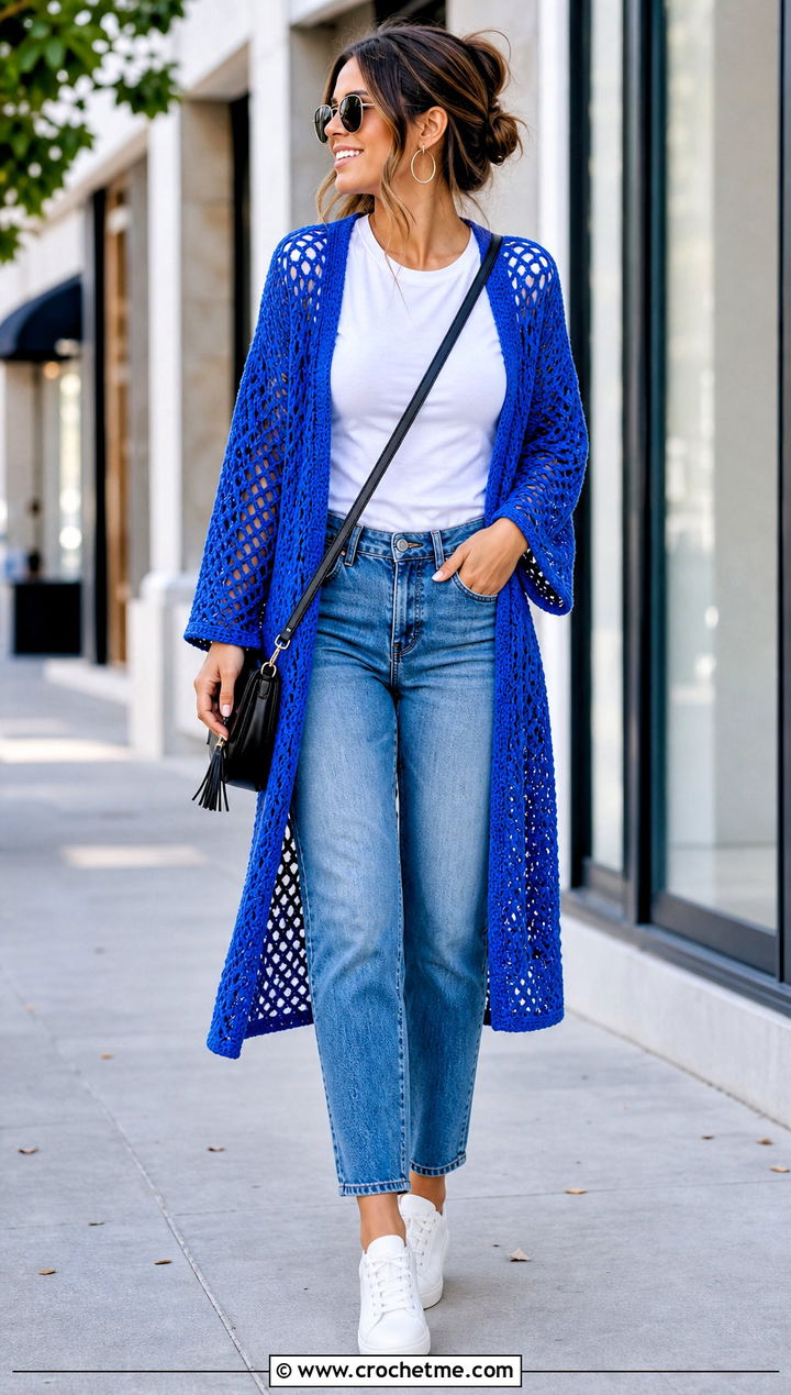 Openwork Mesh Crochet Kimono Cardigan With Straight Leg Jeans - 35 crochet kimono cardigan outfit ideas