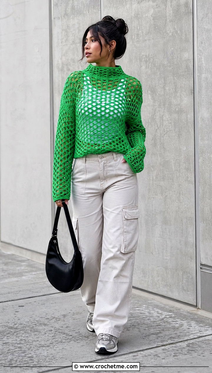 Openwork Mesh Crochet Mock Neck Sweater With Cargo Pants - 25 Crochet Mock Neck Sweater outfit ideas