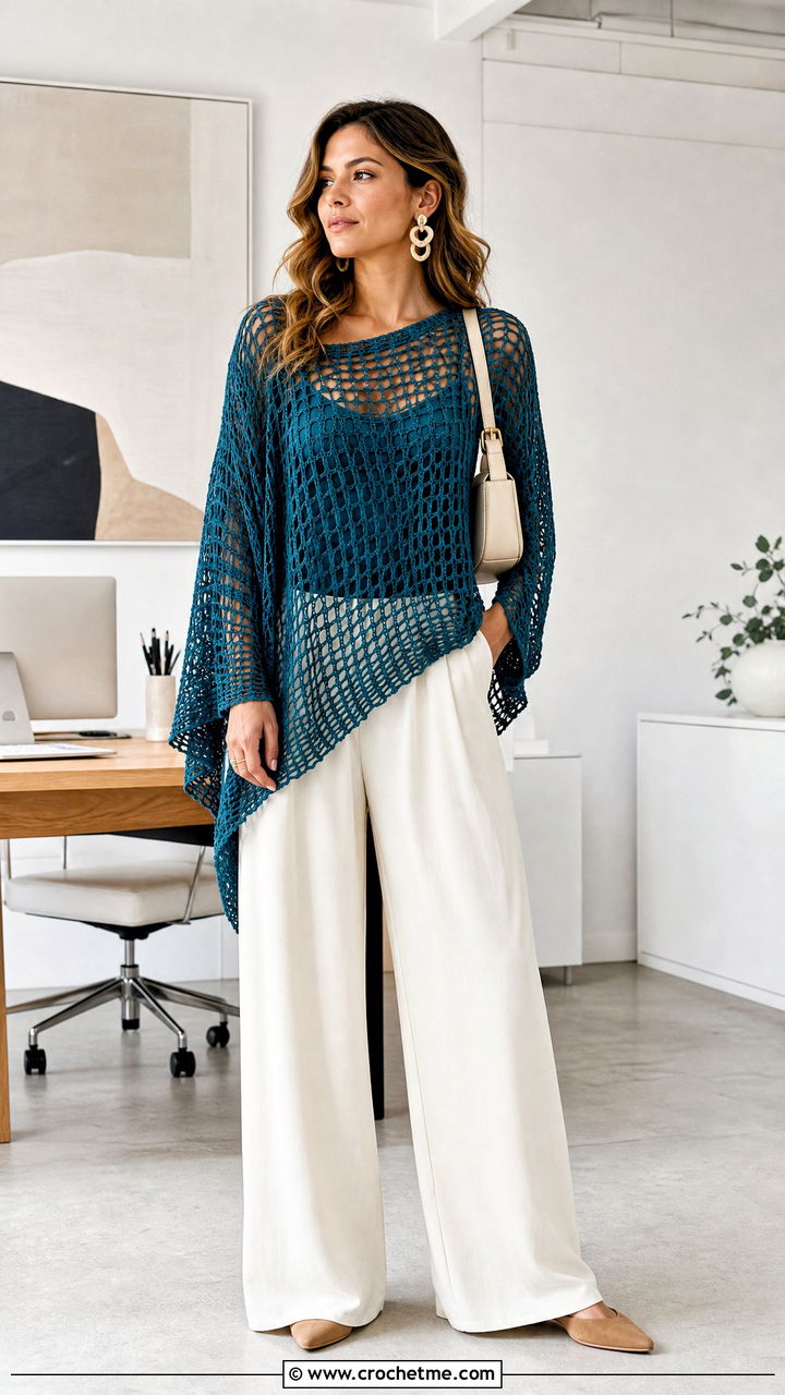 Openwork Mesh Crochet Poncho With Wide Leg Pants - 35 easy crochet poncho woman outfit ideas