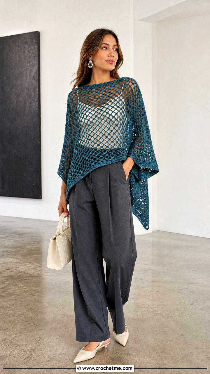 Openwork Mesh Crochet Poncho With Wide Leg Trousers - 35 crochet poncho woman outfit ideas