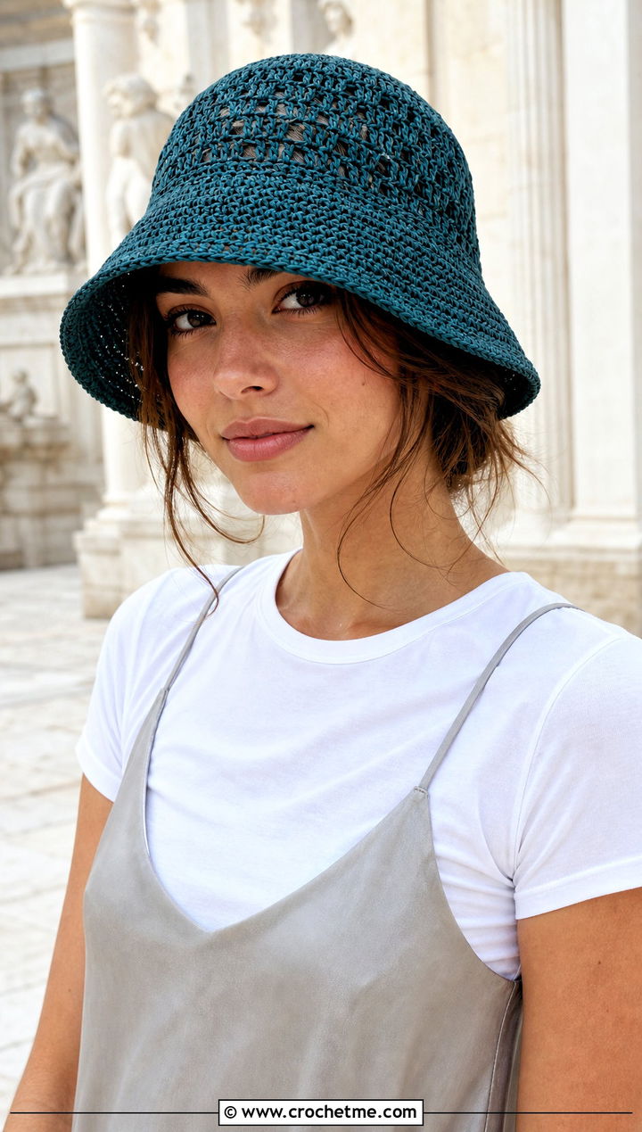 Openwork Mesh Crochet Raffia Bucket Hat With Slip Dress - 25 crochet raffia bucket hat outfit ideas