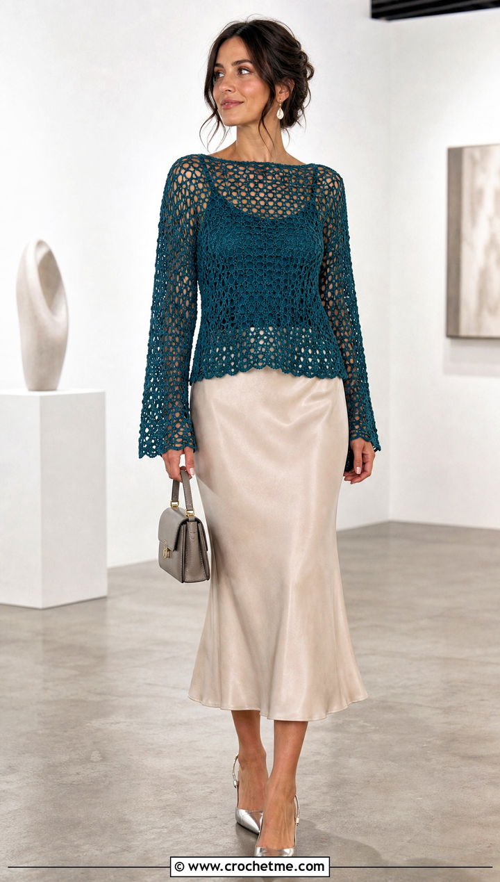 Openwork Mesh Crochet Sweater With Satin Midi Skirt - 15 Crochet Projects Sweaters outfit ideas
