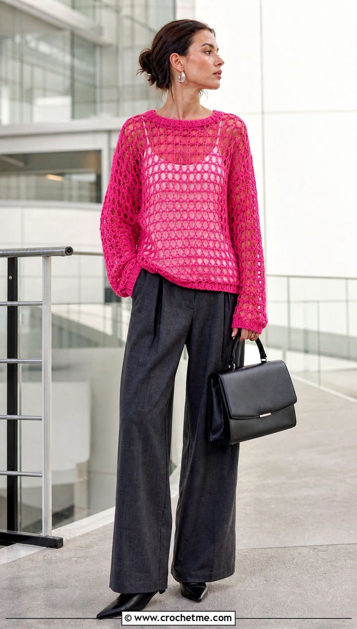 Openwork Mesh Crochet Sweater With Tailored Trousers - 15 Crochet Sweater 70S outfit ideas