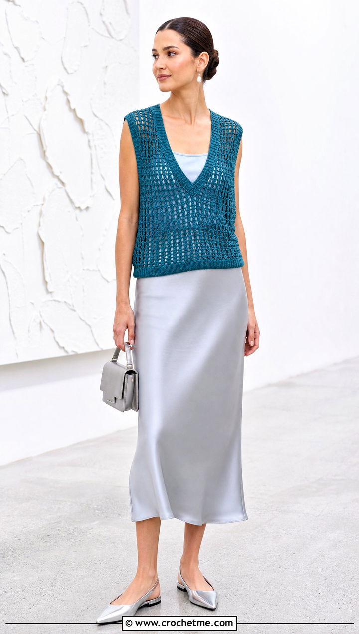 Openwork Mesh Crochet V Neck Sweater Vest With Satin Midi Skirt - 25 crochet v neck sweater vest outfit ideas