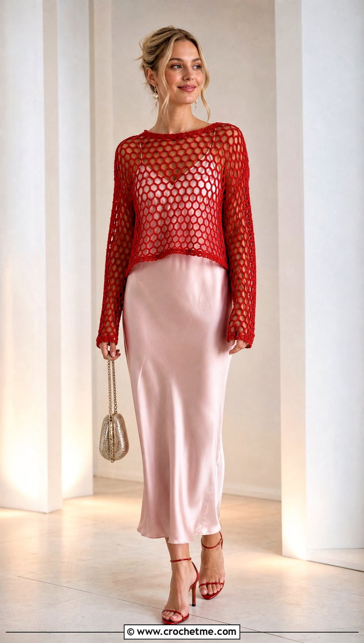 Openwork Mesh Hexagon Jumper With Slip Dress - 30 crochet hexagon jumper outfit ideas