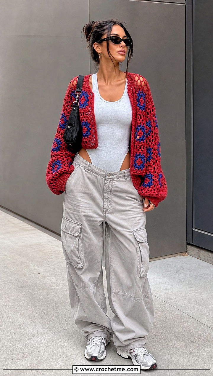 Openwork Mesh Oversized Granny Square Sweater With Cargo Pants - 15 Crochet Oversized Granny Square Sweater outfit ideas