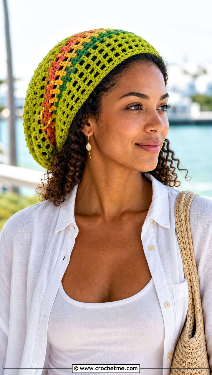 Openwork Mesh Rasta Beanie With Linen Set - 25 crochet rasta beanie outfit ideas