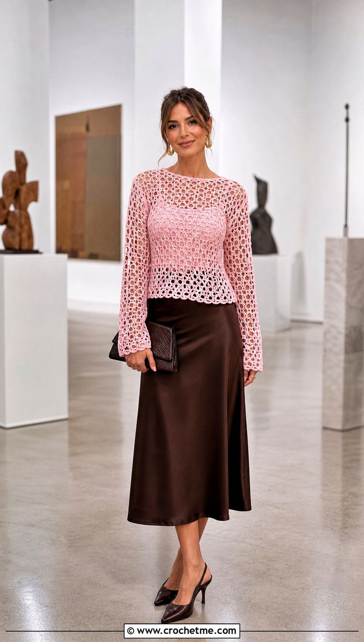 Openwork Mesh Sweater With Satin Midi Skirt - 35 crocheted sweaters outfit ideas